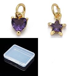 Medium Purple 12Pcs 2 Styles Brass Micro Pave Cubic Zirconia Charms, Real 18K Gold Plated, Medium Purple, 8~8.5x5~7x3.5~4mm, Hole: 3mm, 6pcs/style