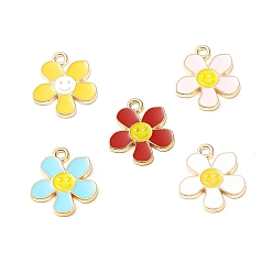 Mixed Color Alloy Enamel Pendants, Flower with Smiling Face Charm, Cadmium Free & Nickel Free & Lead Free, Golden, Mixed Color, 21.2~21.3x18x1.4~1.5mm, Hole: 2~2.2mm