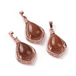Goldstone Synthetic Goldstone Pendants, Teardrop Charms, with Rose Gold Tone Rack Plating Brass Findings, 32x19x10mm, Hole: 8x5mm