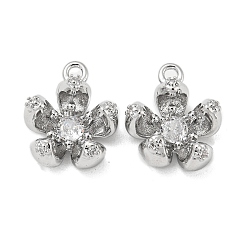 Real Platinum Plated Brass Pendant with Glass, Flower Charms, Real Platinum Plated, 12x10.5x5mm, Hole: 1.2mm