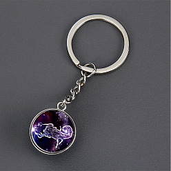 Scorpio Luminous Glass Pendant Keychain, with Alloy Key Rings, Glow In The Dark, Round with Constellation, Scorpio, 8.1cm