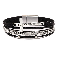 black Bohemian Style Cross Bracelet with Magnetic Clasp - Luxurious, Micro Inlaid Diamond, PU Leather.