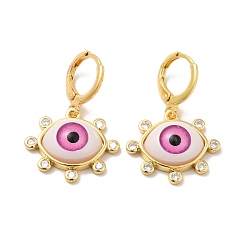 Hot Pink Resin Horse Eye Dangle Leverback Earrings with Cubic Zirconia, Real 18K Gold Plated Brass Jewelry for Women, Hot Pink, 30.5mm, Pin: 1mm