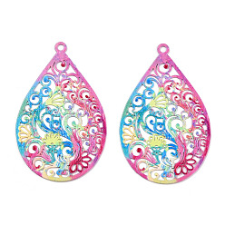 Средний Фиолетово-красный Окрашены распылением 430 филигранные большие подвески из нержавеющей стали, гравированные металлические украшения, слеза, средне фиолетовый красный, 45x28.5x0.5 мм, отверстие : 2 мм