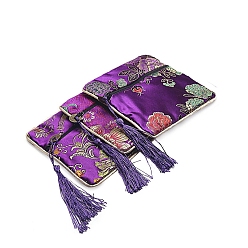 Dark Violet Floral Print Polyester Jewelry Storage Zipper Pouches, with Tassels, Square, Dark Violet, 12x12cm