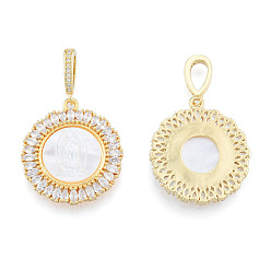 Creamy White Brass Micro Pave Clear Cubic Zirconia Pendants, with Shell, Nickel Free, Real 18K Gold Plated, Flower with Saint, Creamy White, 29x26x3.5mm, Hole: 4x8mm