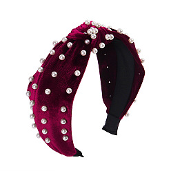 Velvet pearl wine red Velvet Pearl Knot Headband - European and American Style, Versatile Hair Accessory.