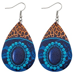 Dark Blue Imitation Leather Teardrop with Leopard Print Dangle Earrings, Bohemia StyleEarrings for Women, Dark Blue, 78x38mm