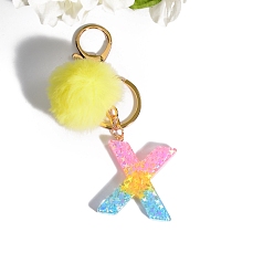 Letter X Resin Keychains, Pom Pom Ball Keychain, with KC Gold Tone Plated Iron Findings, Letter.X, 11.2x1.2~5.7cm