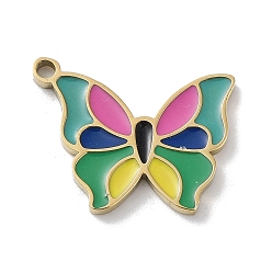 Golden Ion Plating(IP) 304 Stainless Steel Pendants, with Enamel, Butterfly Charm, Golden, 13x16x1.5mm, Hole: 1.4mm