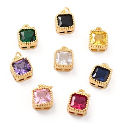 Mixed Color Real 18K Gold Plated Brass Inlaid Cubic Zirconia Charms, with Jump Ring, Long-Lasting Plated, Square, Mixed Color, 9.5x7x4mm, Jump Ring: 4x0.5mm, 2.5mm Inner Diameter