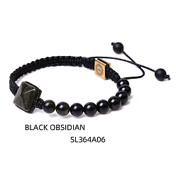 Obsidian Natural Obsidian Pyramid Braided Beaded Bracelets, 6-3/4~9-7/8 inch(17~25cm)