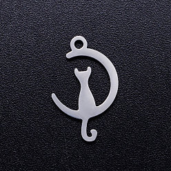 Stainless Steel Color 304 Stainless Steel Kitten Pendants, Laser Cut, Cat on the Crescent Moon Shape, Stainless Steel Color, 17.5x11x1mm, Hole: 1.5mm