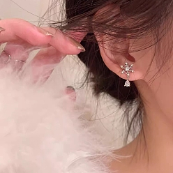 Platinum Snowflake Alloy Rhinestone Dangle Stud Earrings, with 925 Silver Pins, Platinum, 50x50mm