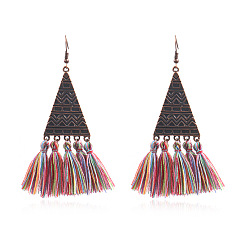 Colorful Eethnic Style Alloy Dangle Chandelier Earrings, with Yarn Tassel, Triangle, Red Copper, Colorful, 95x28mm