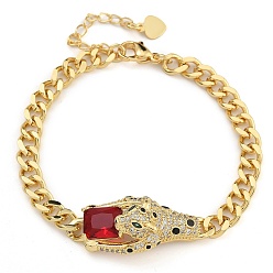 Красный Браслеты из латуни с фианитами и микропаве со звеньями и подвесками, реальный 18 k позолоченный, змея, красные, 6-7/8 дюйм (17.5 см)