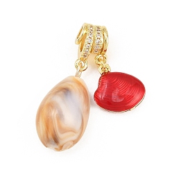 Red Brass Micro Pave Clear Cubic Zirconia Pendants, with Enamel & Resin, Shell Shape Charms, Rack Plating, Long-Lasting Plated, Lead Free & Cadmium Free, Real 18K Gold Plated, Red, 35mm, Hole: 3mm