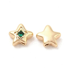 Green Brass Cubic Zirconia Beads, Star, Real 18K Gold Plated, Green, 7x8x4mm, Hole: 1mm