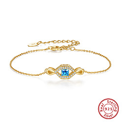 Real 14K Gold Plated 925 Sterling Silver Eye Link Bracelet for Women, with Deep Sky Blue Cubic Zirconia, with S925 Stamp, Real 14K Gold Plated, 6-3/8 inch(16.3cm)
