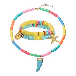 Mixed Color Stretch Bracelets and Pendant Necklace Jewelry Sets, with Handmade Polymer Clay Heishi Beads, Brass Spacer Beads, Alloy Findings and Synthetic Turquoise Pendants, Mixed Color, Inner Diameter: 2-1/8 inch(5.5cm), 3pcs/set