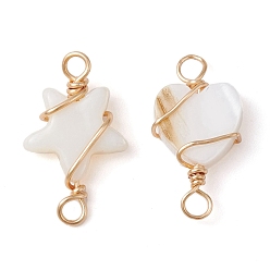 WhiteSmoke 2Pcs 2 Styles Natural Freshwater Shell Copper Wire Wrapped Connector Charms, Light Gold, Star & Heart Links, WhiteSmoke, 17.5~18x9~10.5x2.5~3mm, Hole: 2~2.5mm, 1pc/style