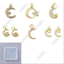 Moon 12Pcs 6 Styles Brass Micro Pave Cubic Zirconia Pendants, Lead Free & Cadmium Free, Long-Lasting Plated, Rack Plating, Real 18K Gold Plated, with Jump Ring, Moon, 11~16x7.5~15x1.5~3mm, Hole: 1.2~3.5mm, 2pcs/style