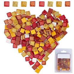 Mixed Color Glass Cabochons, Mosaic Tiles, with Glitter Powder, for Home Decoration or DIY Crafts, Square, Mixed Color, 10x10x4.5mm, about 220pcs/box