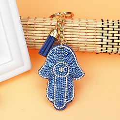 Sapphire Full Rhinestone Hamsa Hand/Hand of Miriam Cloth Pendant Keychain, Tassels Charm for Car Key or Bag Ornaments, Sapphire, 17cm