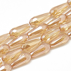 PeachPuff Electroplate Glass Beads Strands, Faceted Teardrop, PeachPuff, 9~9.5x4mm, Hole: 1mm, about 72pcs/strand, 25.98 inch