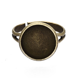 Antique Bronze Adjustable Brass Ring Components, Pad Ring Findings, with Flat Round Cabochon Bezel Settings, Antique Bronze, Tray: 12mm, 17mm