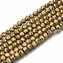 Real 18K Gold Plated Electroplate Non-magnetic Synthetic Hematite Beads Strands, Round, Faceted, Real 18K Gold Plated, 3mm, Hole: 1mm, about 132~138pcs/strand, 14.96 inch~15.75 inch(38cm~40cm)