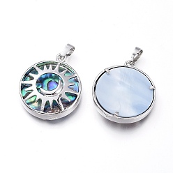 Платина Подвески из натурального ушка / ракушки, с латунной фурнитурой , плоский круг с луной и солнцем, платина, 31.5x27.5x6.5 мм, отверстие : 4.5x7 мм