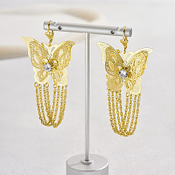 Real 18K Gold Plated Iron Filigree Butterfly Dangle Leverback Earrings, Chains Tassel Earrings, Real 18K Gold Plated, 75x38mm
