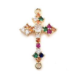 Light Gold Brass Pave Colorful Glass Connector Charms, Cross Links, Light Gold, 28x17x5.2mm, Hole: 1.2mm