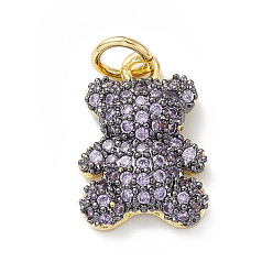 Lilac Rack Plating Brass Micro Pave Cubic Zirconia Charms, Lead Free & Cadmium Free, Bear Charm, Real 18K Gold Plated, with Jump Ring, Lilac, 15x10x3.5mm, Hole: 3mm