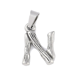 Letter N Non-Tarnish 304 Stainless Steel Pendants, Bamboo Style, Stainless Steel Color, Letter.N, 19x13x3mm, Hole: 3x7mm