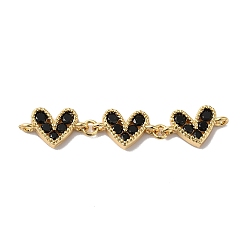 Black Rack Plating Brass Pave Cubic Zirconia Connector Charms, Triple Heart Links, Lead Free & Cadmium Free, Real 18K Gold Plated, Long-Lasting Plated, Black, 42~43x8x2.5mm, Hole: 1.2~1.4mm