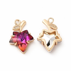 Fuchsia Brass with K9 Glass Charms, Golden Maple Leaf Charms, Fuchsia, 20.5x13.5x5.5mm, Hole: 1.8mm
