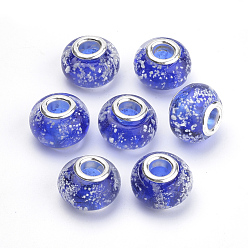 Blue Handmade Luminous Lampwork European Beads, with Brass Double Cores, Large Hole Beads, Rondelle, Blue, 14~14.5x10~11mm, Hole: 5mm