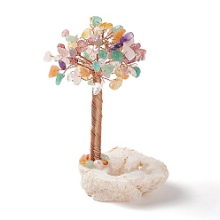 Mixed Stone Natural Gemstone Chips and Natural Quartz Crystal Pedestal Display Decorations, Healing Stone Tree, for Reiki Healing Crystals Chakra Balancing, with Rose Gold Plated Brass Wires, Lucky Tree, 57~86x59~69x95~110mm