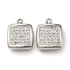 Stainless Steel Color 304 Stainless Steel Pendants, with Crystal Rhinestone, Square Charm, Stainless Steel Color, 12x9.5x4.5mm, Hole: 1.4mm