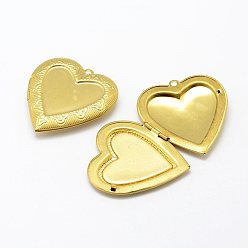 Raw(Unplated) Brass Locket Pendants, Photo Frame Charms for Necklaces, Heart, Nickel Free, Raw(Unplated), 42x40x7mm, Hole: 2mm, Inner Size: 30x26.5mm