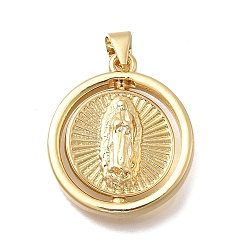 Настоящее золото 18K Латунные подвески, плоские круглые с Девой Марией, без кадмия и без свинца, стойки покрытие, долговечный, реальный 18 k позолоченный, 23x20x5 мм, отверстие : 3.5x4 мм