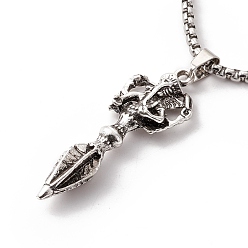 Antique Silver & Stainless Steel Color Alloy Skeleton Spear Head Pendant Necklace with 304 Stainless Steel Box Chains, Gothic Jewelry for Men Women, Antique Silver & Stainless Steel Color, 23.90 inch(60.7cm)