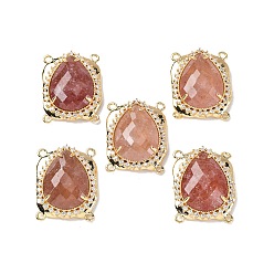 Клубничный Кварц Латунные многорядные звенья с микропаве из кубического циркония и натуральным клубничным кварцем, слеза, граненые, стойки покрытие, 22.5~23x18x7 мм, отверстие : 1.4 мм