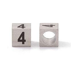 Number 303 Stainless Steel European Beads, Large Hole Beads, Cube with Number, Stainless Steel Color, Num.4, 7x7x7mm, Hole: 5mm