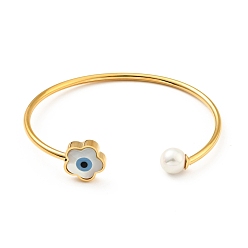 Golden Shell Pearl & Flower with Evil Eye Open Cuff Bangle, 304 Stainless Steel Jewelry for Woman, Golden, Inner Diameter: 1-3/4x2-1/4 inch(4.5x5.85cm)