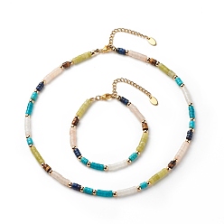Pierre Mélangete Ensemble collier et bracelet en perles de disque de pierres précieuses naturelles et synthétiques mélangées, 7 ensemble de bijoux chakra pour femmes, 7-1/2 pouce (19 cm), 15.94 pouce (40.5 cm)