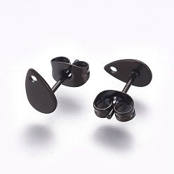 Electrophoresis Black 304 Stainless Steel Stud Earring Findings, with Flat Plate, Teardrop, Electrophoresis Black, 10x6x0.9mm, Hole: 1mm, Pin: 0.8mm