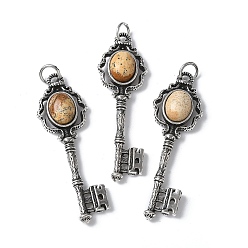 Пейзажный Джаспер Ключ латунный натуральный рисунок яшма большие подвески, с целью перехода в кольце, античное серебро, 55.5x16.5x5~6.5 мм, отверстие : 4.5 мм